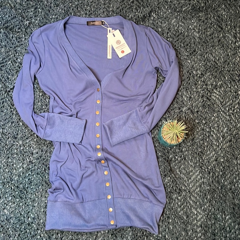 Slate blue cardigan.
